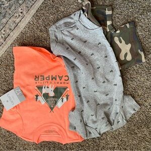 Baby Outfit Set with Orange and Gray Onesies and Camo Shorts